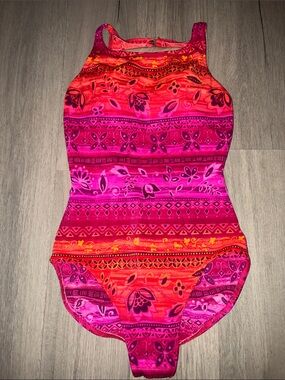 Vintage Beach Native- Vibrant Pink & Orange High Neckline One-Piece Swimsuit